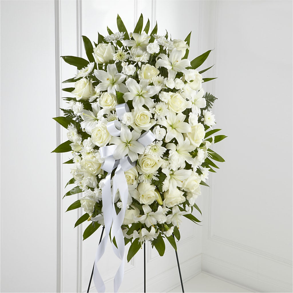 Exquisite Tribute Standing Spray-White Ribbon – ALBRIGHT'S INC, Columbus GA