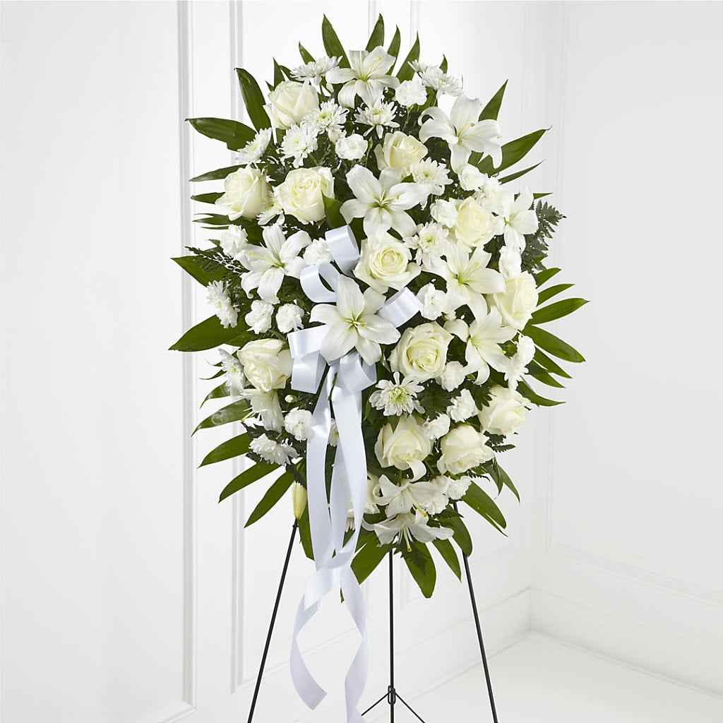 Exquisite Tribute Standing Spray-White Ribbon – ALBRIGHT'S INC, Columbus GA